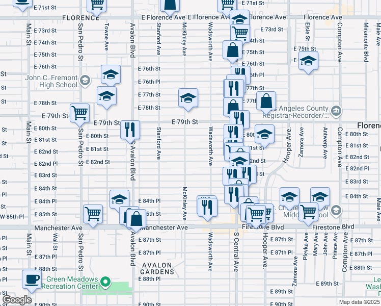 map of restaurants, bars, coffee shops, grocery stores, and more near 823 East 81st Street in Los Angeles