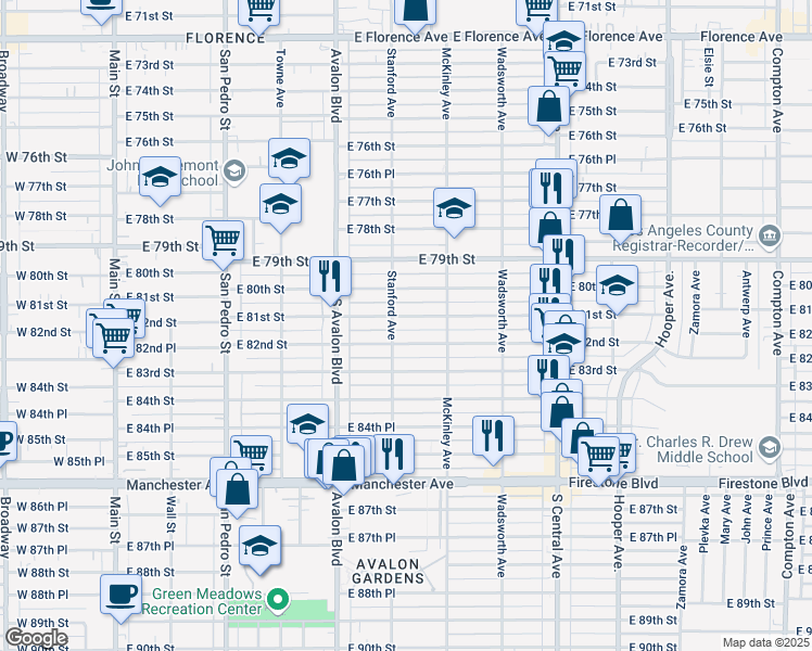 map of restaurants, bars, coffee shops, grocery stores, and more near 8015 Stanford Avenue in Los Angeles