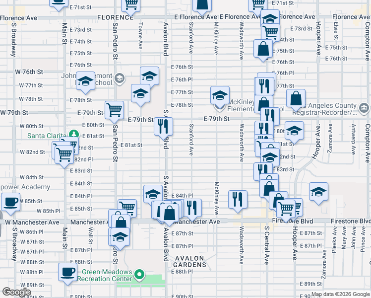 map of restaurants, bars, coffee shops, grocery stores, and more near 8015 Stanford Avenue in Los Angeles