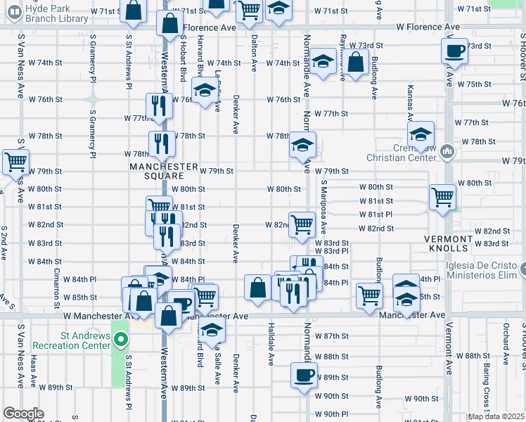 map of restaurants, bars, coffee shops, grocery stores, and more near 1528 West 80th Street in Los Angeles