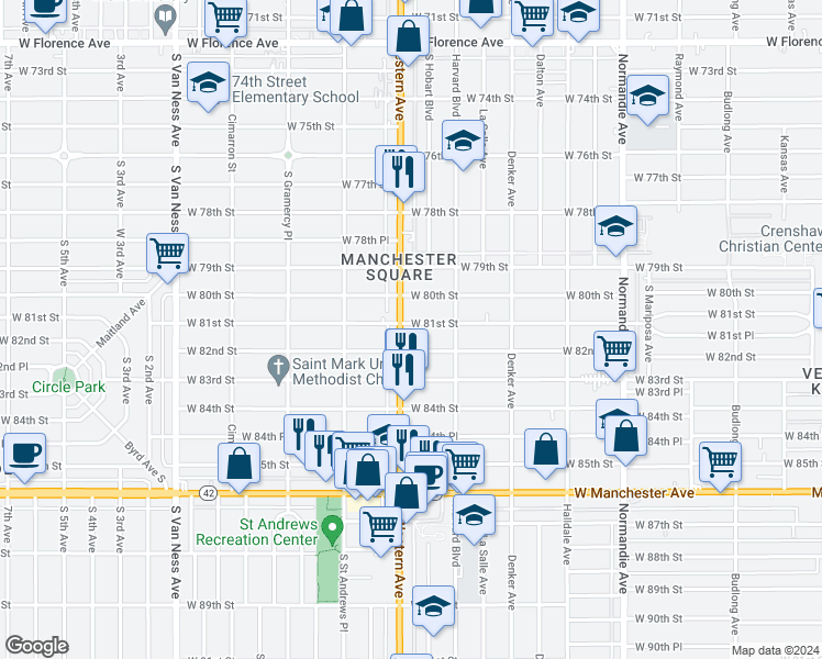map of restaurants, bars, coffee shops, grocery stores, and more near 1728 West 80th Street in Los Angeles