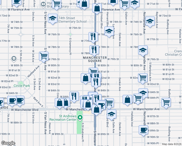 map of restaurants, bars, coffee shops, grocery stores, and more near 1818 West 81st Street in Los Angeles