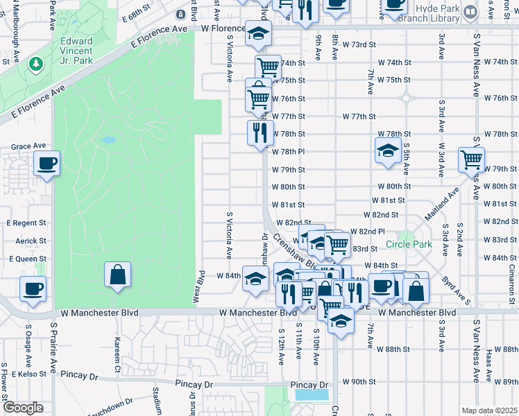 map of restaurants, bars, coffee shops, grocery stores, and more near 3334 West 80th Street in Inglewood