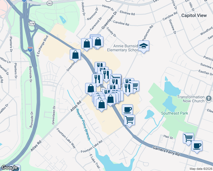 map of restaurants, bars, coffee shops, grocery stores, and more near 7428 Garners Ferry Road in Columbia
