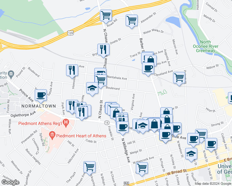 map of restaurants, bars, coffee shops, grocery stores, and more near 554 Boulevard in Athens