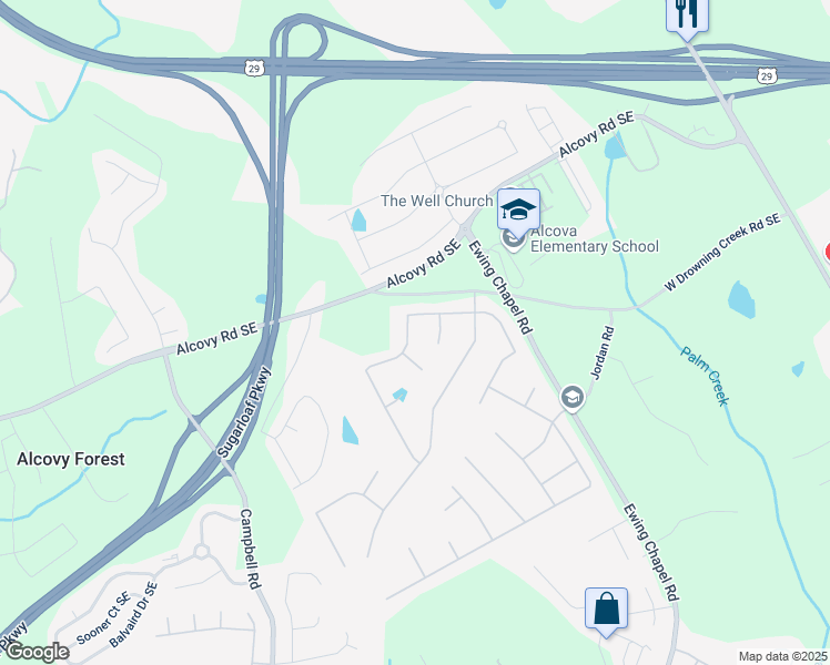 map of restaurants, bars, coffee shops, grocery stores, and more near 2304 Mitford Court in Dacula