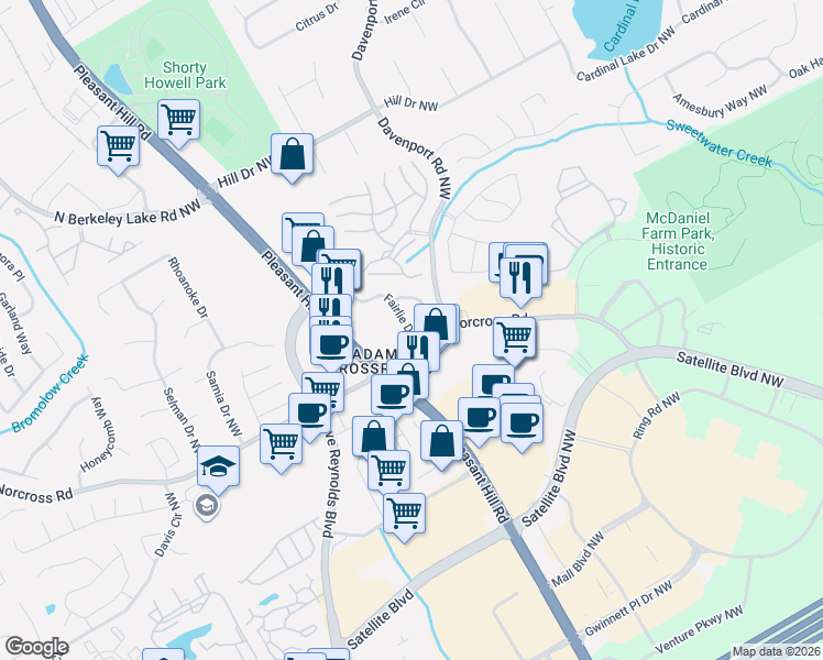 map of restaurants, bars, coffee shops, grocery stores, and more near 3034 Hartright Bend Court in Duluth