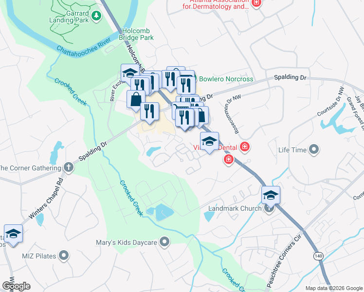 map of restaurants, bars, coffee shops, grocery stores, and more near 6427 Deerings Lane in Norcross