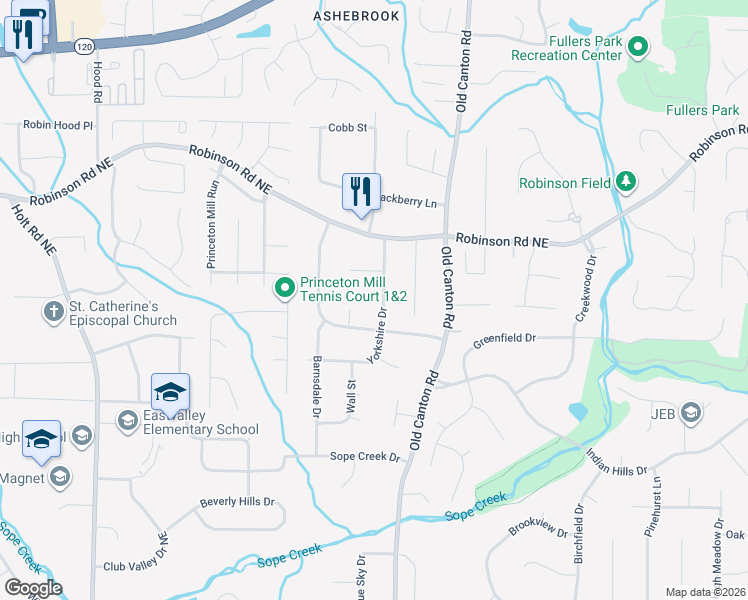 map of restaurants, bars, coffee shops, grocery stores, and more near 631 Yorkshire Drive in Marietta