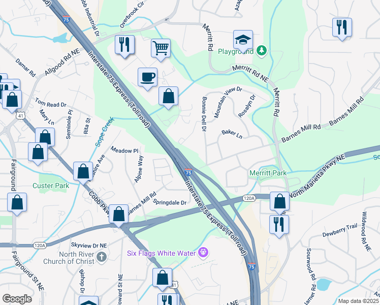 map of restaurants, bars, coffee shops, grocery stores, and more near 149 Bankston Road in Marietta