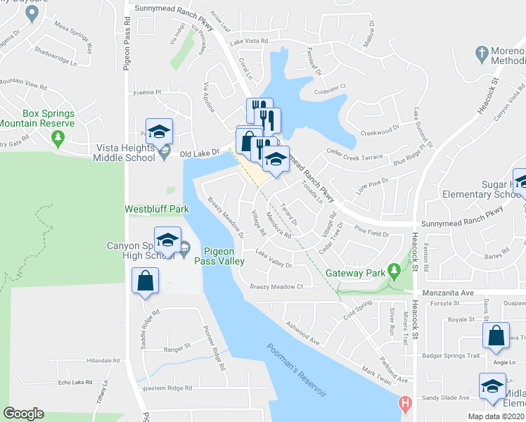 map of restaurants, bars, coffee shops, grocery stores, and more near 10661 Mendoza Road in Moreno Valley