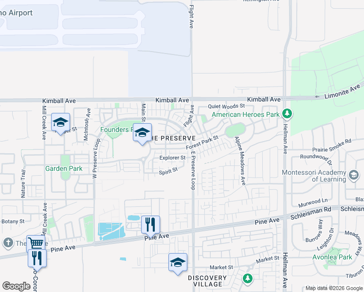 map of restaurants, bars, coffee shops, grocery stores, and more near 8458 Forest Park Street in Chino