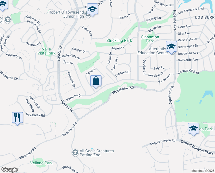 map of restaurants, bars, coffee shops, grocery stores, and more near 3633 Bayberry Drive in Chino Hills