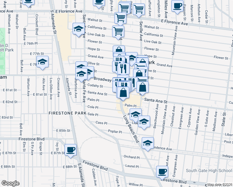 map of restaurants, bars, coffee shops, grocery stores, and more near 2561 Santa Ana Street in Huntington Park