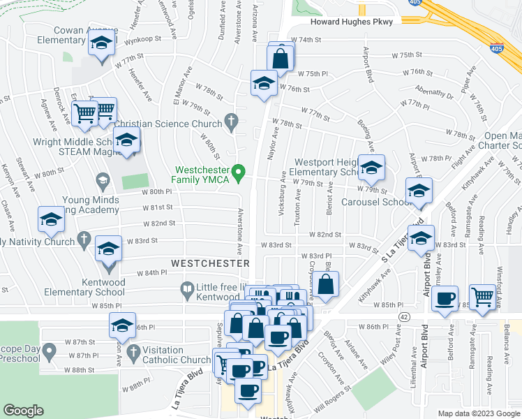 map of restaurants, bars, coffee shops, grocery stores, and more near 8023 Naylor Avenue in Los Angeles