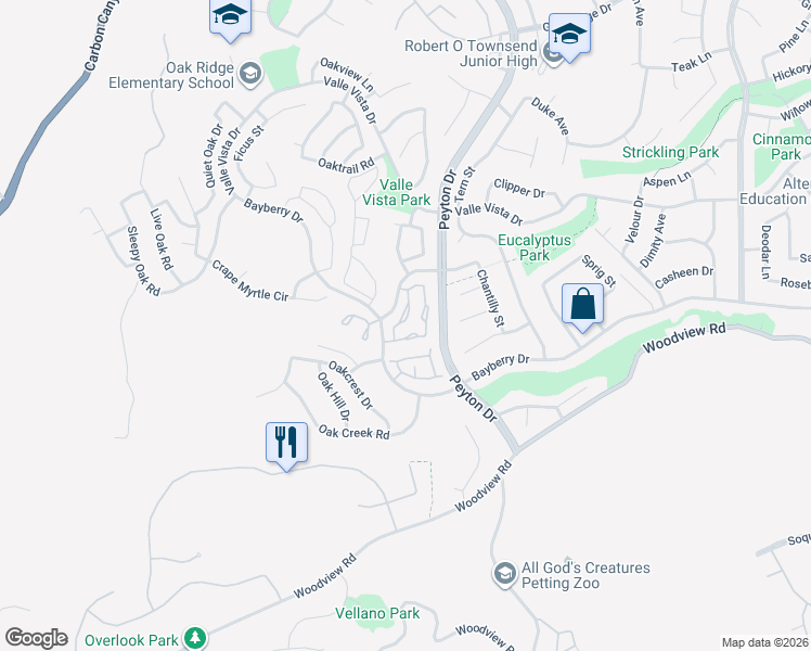 map of restaurants, bars, coffee shops, grocery stores, and more near 15867 Antelope Drive in Chino Hills