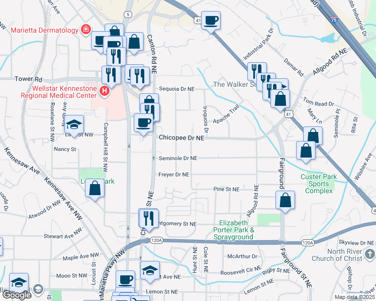 map of restaurants, bars, coffee shops, grocery stores, and more near 569 Chicasaw Drive in Marietta