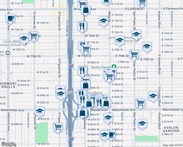 map of restaurants, bars, coffee shops, grocery stores, and more near 209 West 81st Street in Los Angeles