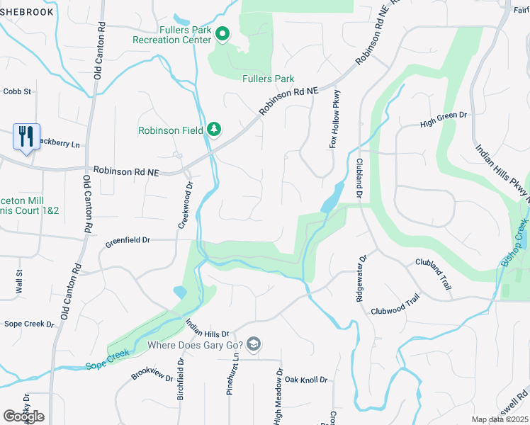map of restaurants, bars, coffee shops, grocery stores, and more near 3389 Robinson Farms Trce Northeast in Marietta