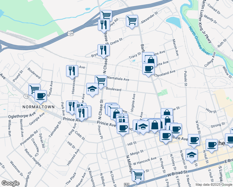 map of restaurants, bars, coffee shops, grocery stores, and more near 547 Boulevard in Athens