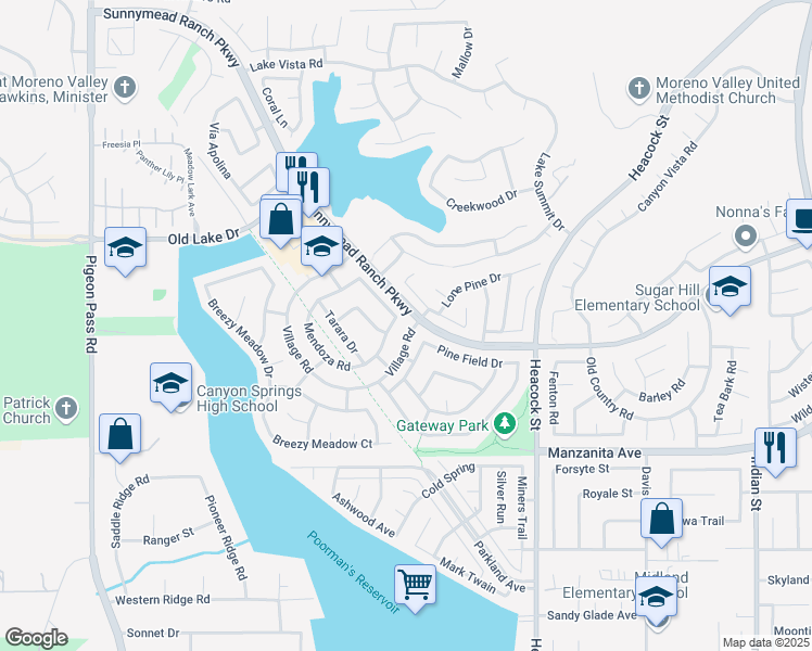 map of restaurants, bars, coffee shops, grocery stores, and more near 10980 Village Road in Moreno Valley