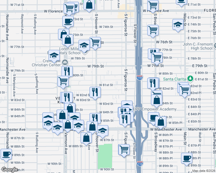 map of restaurants, bars, coffee shops, grocery stores, and more near 640 West 81st Street in Los Angeles