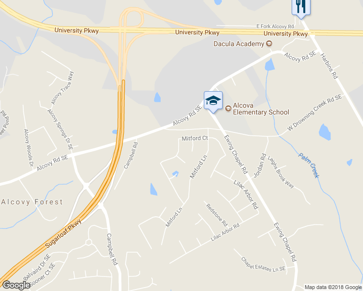 map of restaurants, bars, coffee shops, grocery stores, and more near 2304 Mitford Court in Dacula