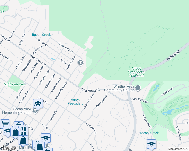 map of restaurants, bars, coffee shops, grocery stores, and more near 14701 Romero Drive in Whittier