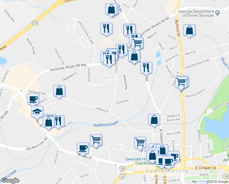 map of restaurants, bars, coffee shops, grocery stores, and more near 92 Curtis Road in Lawrenceville