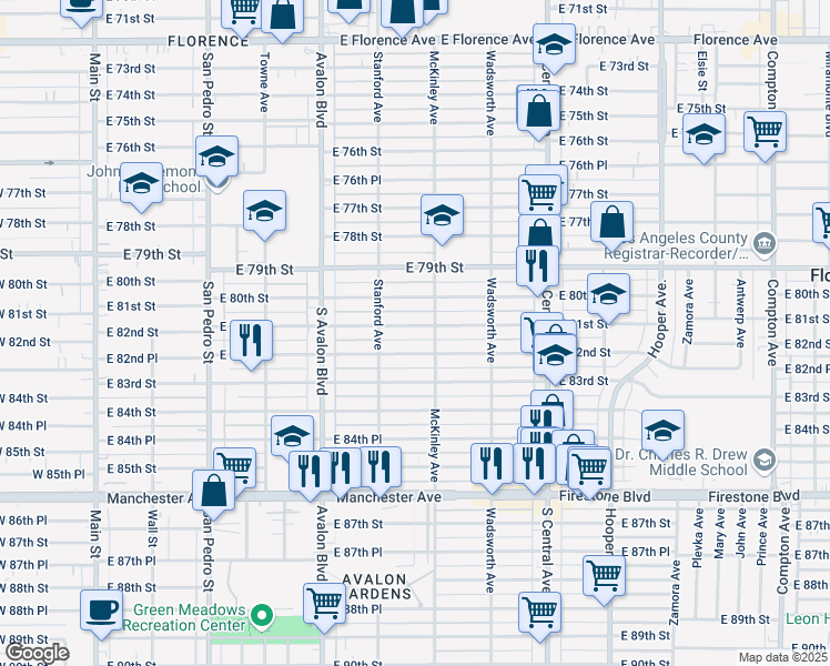 map of restaurants, bars, coffee shops, grocery stores, and more near 740 East 81st Street in Los Angeles