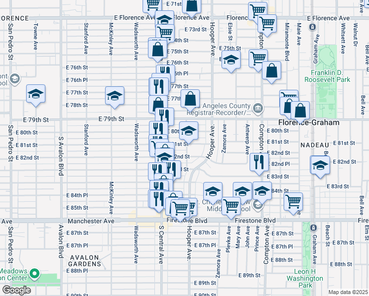 map of restaurants, bars, coffee shops, grocery stores, and more near 1203 East 81st Street in Los Angeles