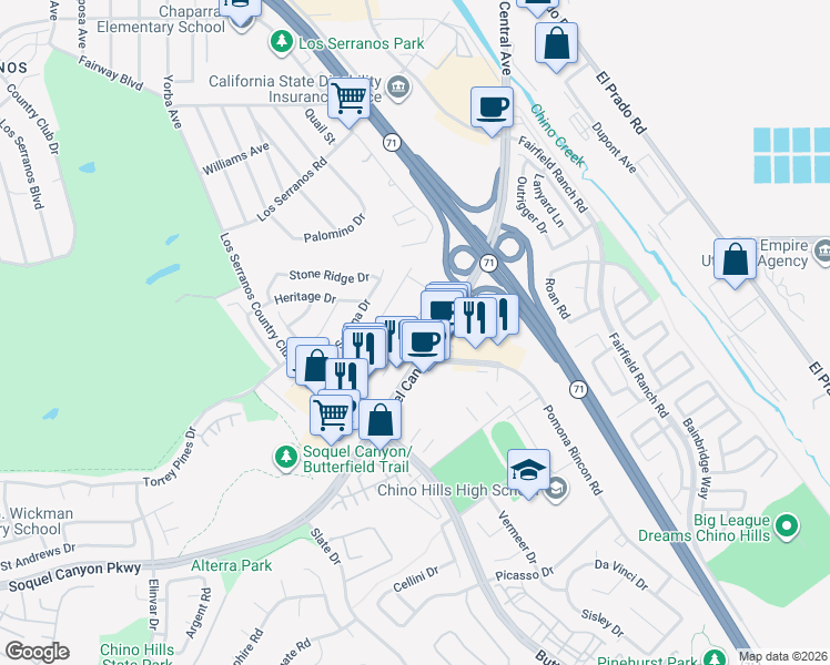 map of restaurants, bars, coffee shops, grocery stores, and more near 15841 Ellington Way in Chino Hills