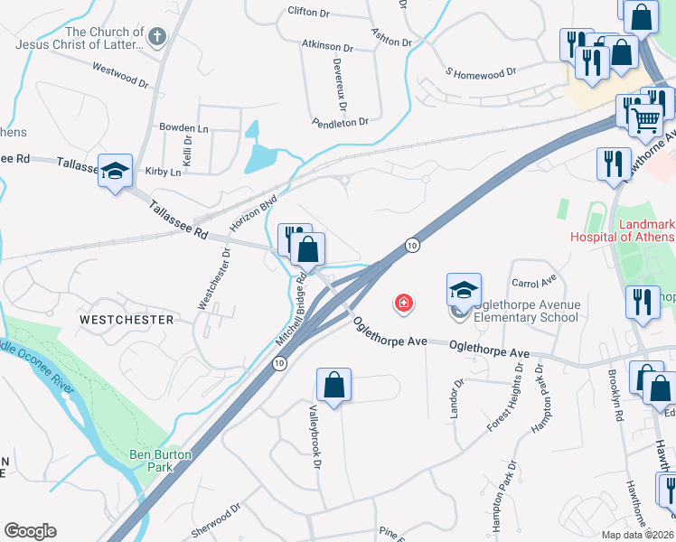 map of restaurants, bars, coffee shops, grocery stores, and more near 113 William Drive in Athens