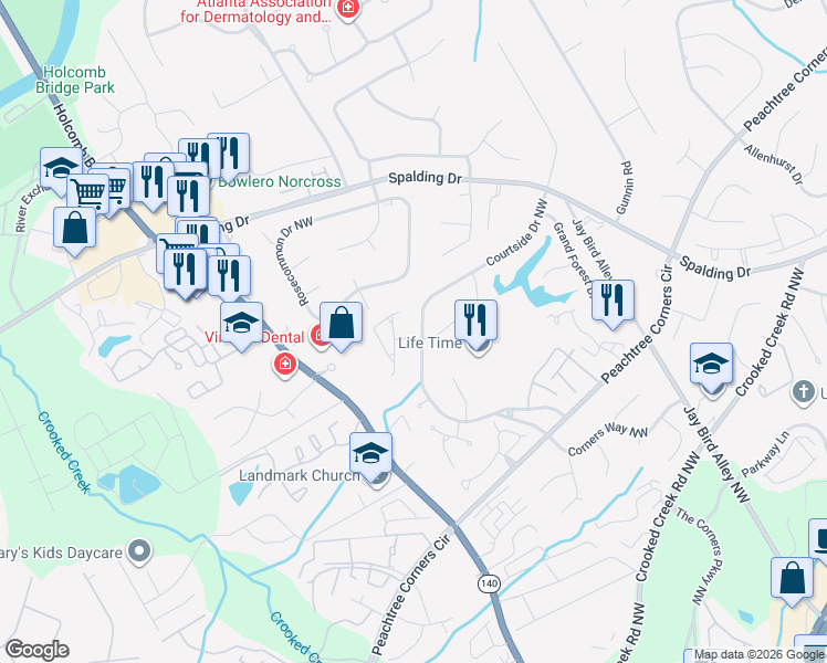map of restaurants, bars, coffee shops, grocery stores, and more near 6235 Courtside Drive Northwest in Norcross