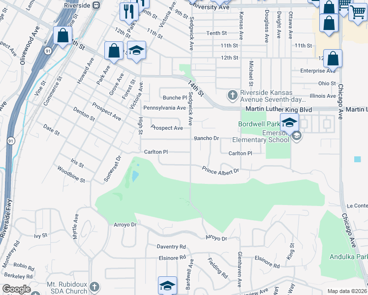 map of restaurants, bars, coffee shops, grocery stores, and more near 2421 Carlton Place in Riverside