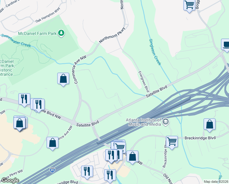 map of restaurants, bars, coffee shops, grocery stores, and more near 2951 Satellite Boulevard in Duluth