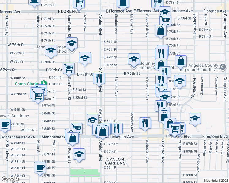 map of restaurants, bars, coffee shops, grocery stores, and more near 8015 Stanford Avenue in Los Angeles
