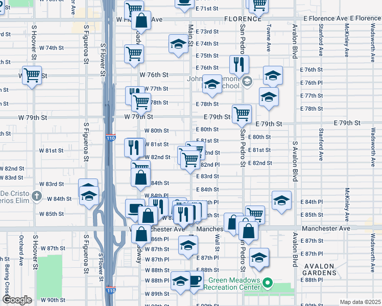 map of restaurants, bars, coffee shops, grocery stores, and more near 2 East 82nd Street in Los Angeles