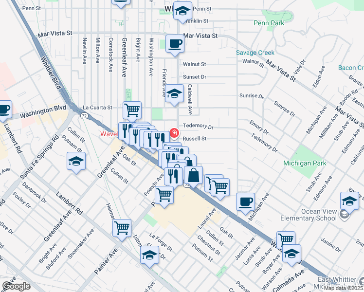 map of restaurants, bars, coffee shops, grocery stores, and more near 8120 Painter Avenue in Whittier