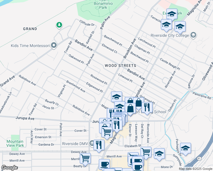 map of restaurants, bars, coffee shops, grocery stores, and more near 5705 Brockton Avenue in Riverside