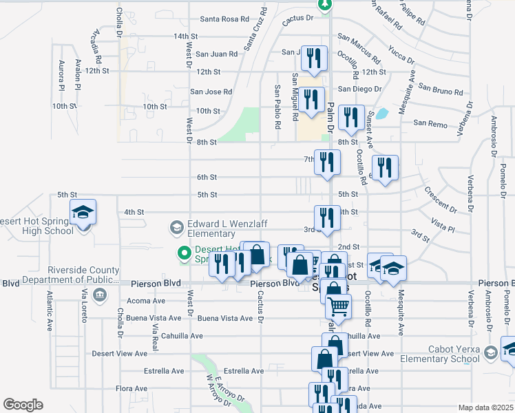map of restaurants, bars, coffee shops, grocery stores, and more near 66236 4th Street in Desert Hot Springs