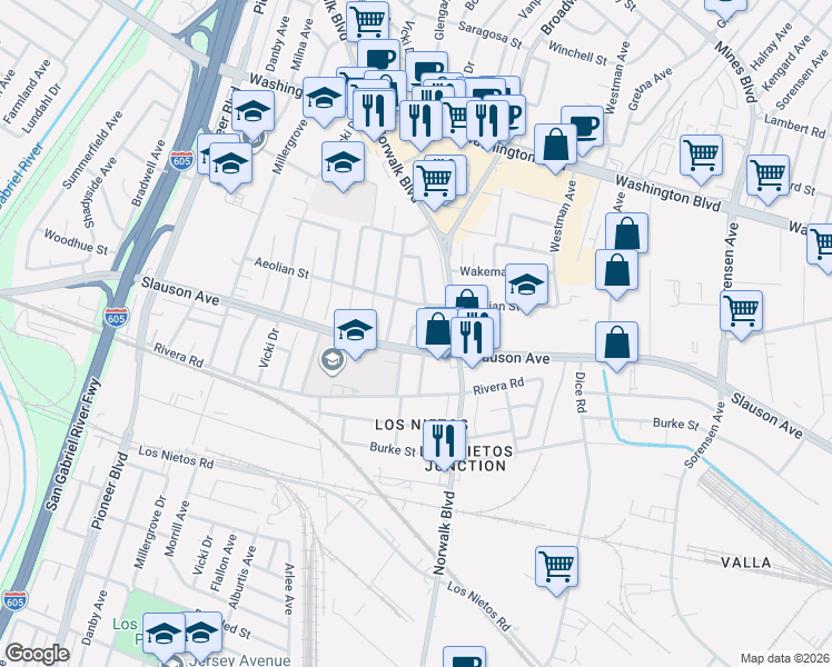map of restaurants, bars, coffee shops, grocery stores, and more near 8432 Duchess Drive in Whittier
