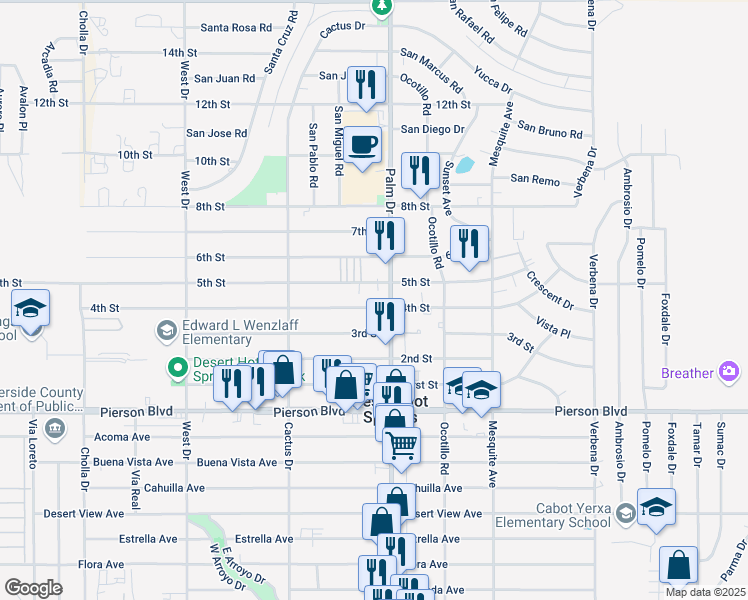 map of restaurants, bars, coffee shops, grocery stores, and more near 66466 4th Street in Desert Hot Springs