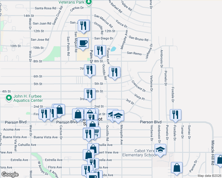 map of restaurants, bars, coffee shops, grocery stores, and more near 11388 Ocotillo Road in Desert Hot Springs