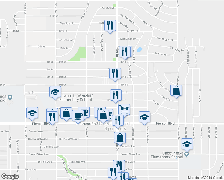 map of restaurants, bars, coffee shops, grocery stores, and more near in Desert Hot Springs