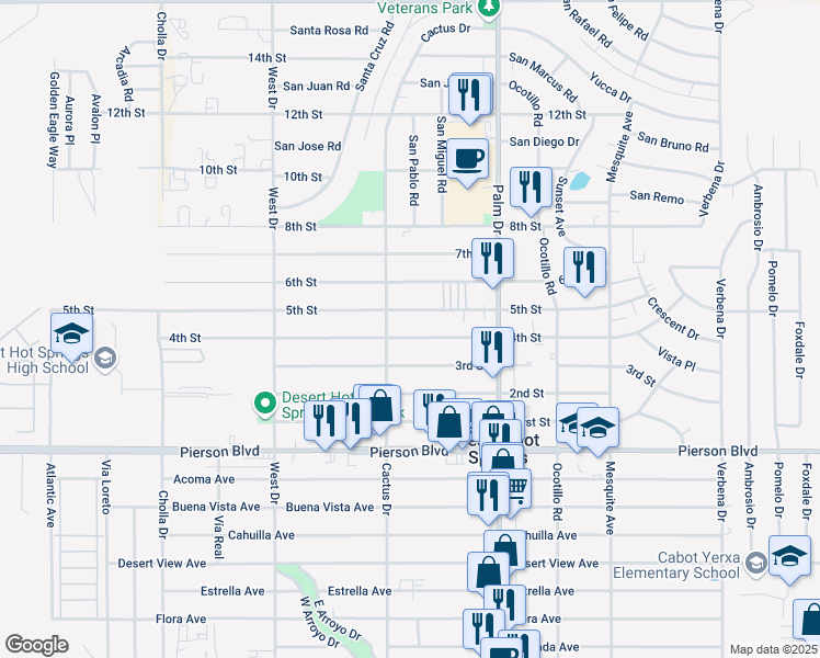 map of restaurants, bars, coffee shops, grocery stores, and more near 66289 5th Street in Desert Hot Springs