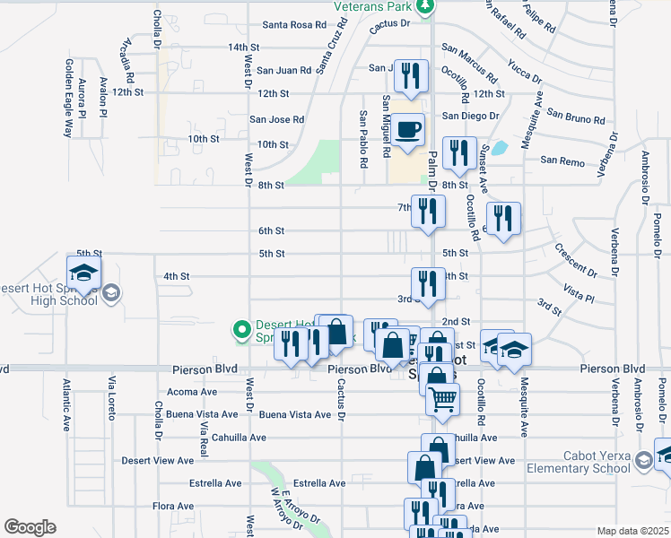 map of restaurants, bars, coffee shops, grocery stores, and more near 66215 5th Street in Desert Hot Springs