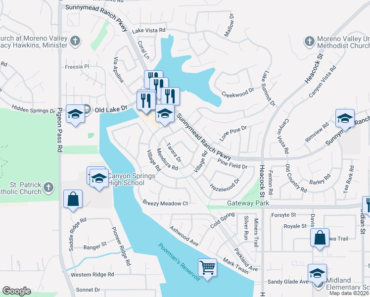 map of restaurants, bars, coffee shops, grocery stores, and more near 23633 Tonada Lane in Moreno Valley