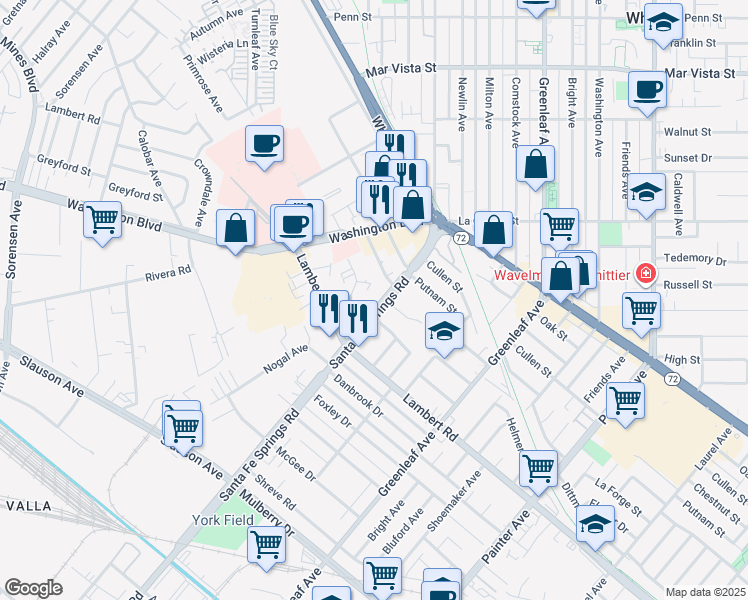map of restaurants, bars, coffee shops, grocery stores, and more near 12563 Persing Drive in Whittier