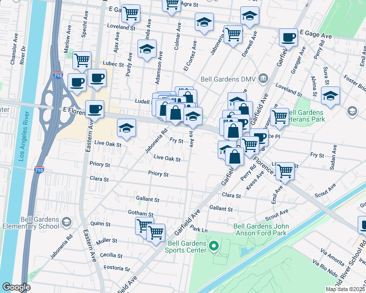 map of restaurants, bars, coffee shops, grocery stores, and more near 6059 Fry Street in Bell Gardens
